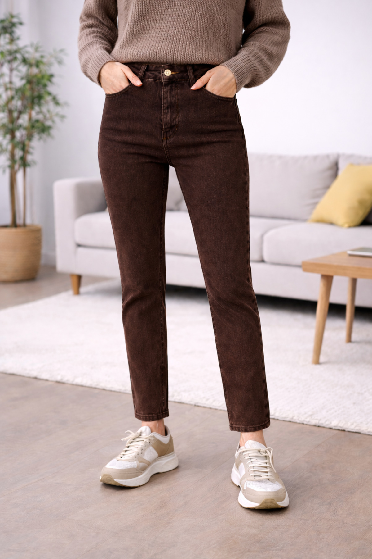DELDNM  Line Kadın Kahverengi Yüksek Bel Likralı Trend Mom Jean