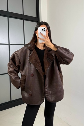 gm giyimarket Kadın ZR Model Süet Deri İçi Peluşlu Oversize Mont Ceket