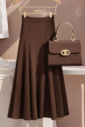 deafox Kahverengi Yüksek Bel A Kesim Fermuarlı Pileli Krep Kumaş Uzun Etek
