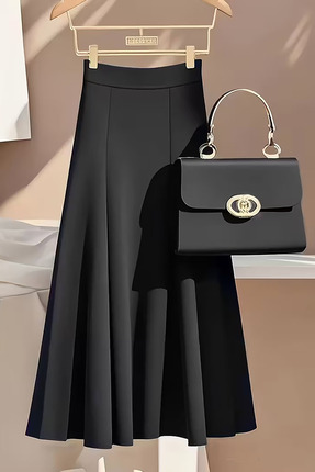 deafox Siyah Yüksek Bel A Kesim Fermuarlı Pileli Krep Kumaş Uzun Etek