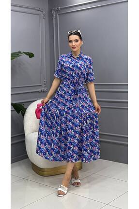 Cannes Maki Desenli Retro Tarz Günlük Şık Mavi Elbise