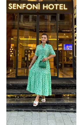 Cannes Lika Desenli Kısa Kollu Günlük Şık Yazlık Yeşil Elbise