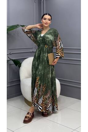 Cannes Julia Egzotik Desenli Dökümlü Yazlık V Yaka Haki Elbise