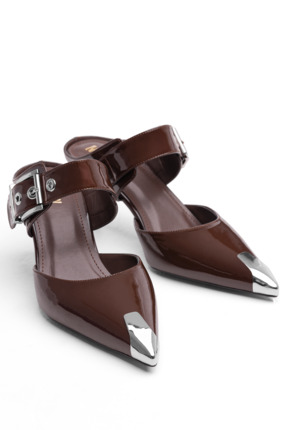 MARY Kahvereng Topuklu Ayakkabı İnce Topuklu Topuklu Ayakkabı rugan Ayakkabı