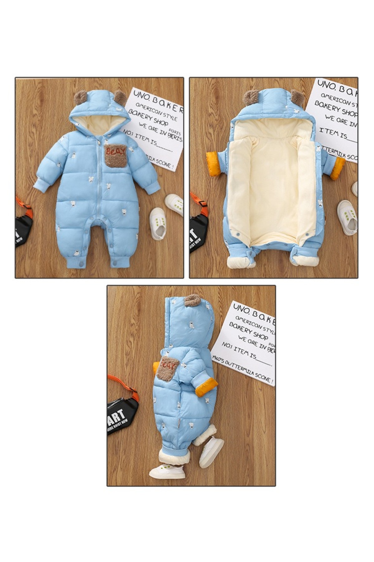 melisam.msg Kız Erkek Bebek Ayı Nakışlı Şişme Tulum Kalın Sevimli Polarlı Astar fotoğrafı 2 (önizleme)