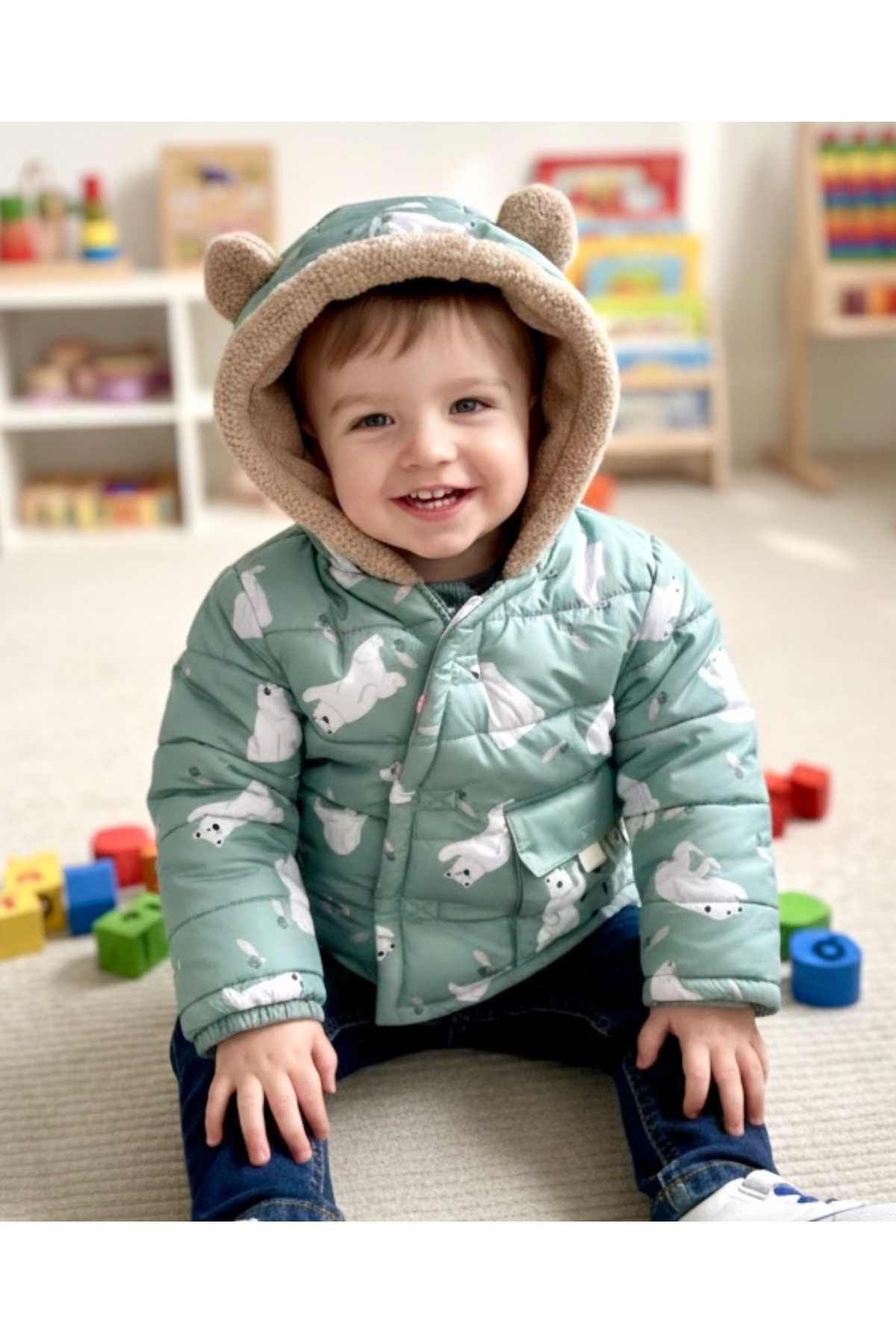 TinyTrend Bebek Kutup Ayısı Desenli İçi Peluş Kürklü Kapüşonlu Mont - Su İtici Kışlık Ceket fotoğrafı 4 (önizleme)