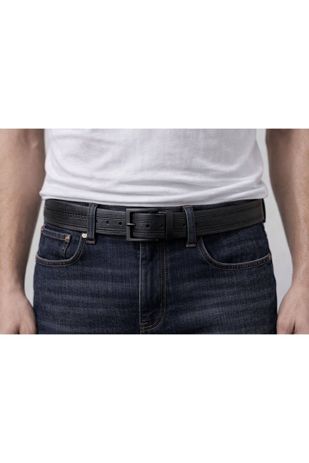 LİVORA  ERKEK KEMER BLACK NİKEL KARE TOKA DERİ DİKİŞ DESENLI ERKEK PANTOLON KEMERİ