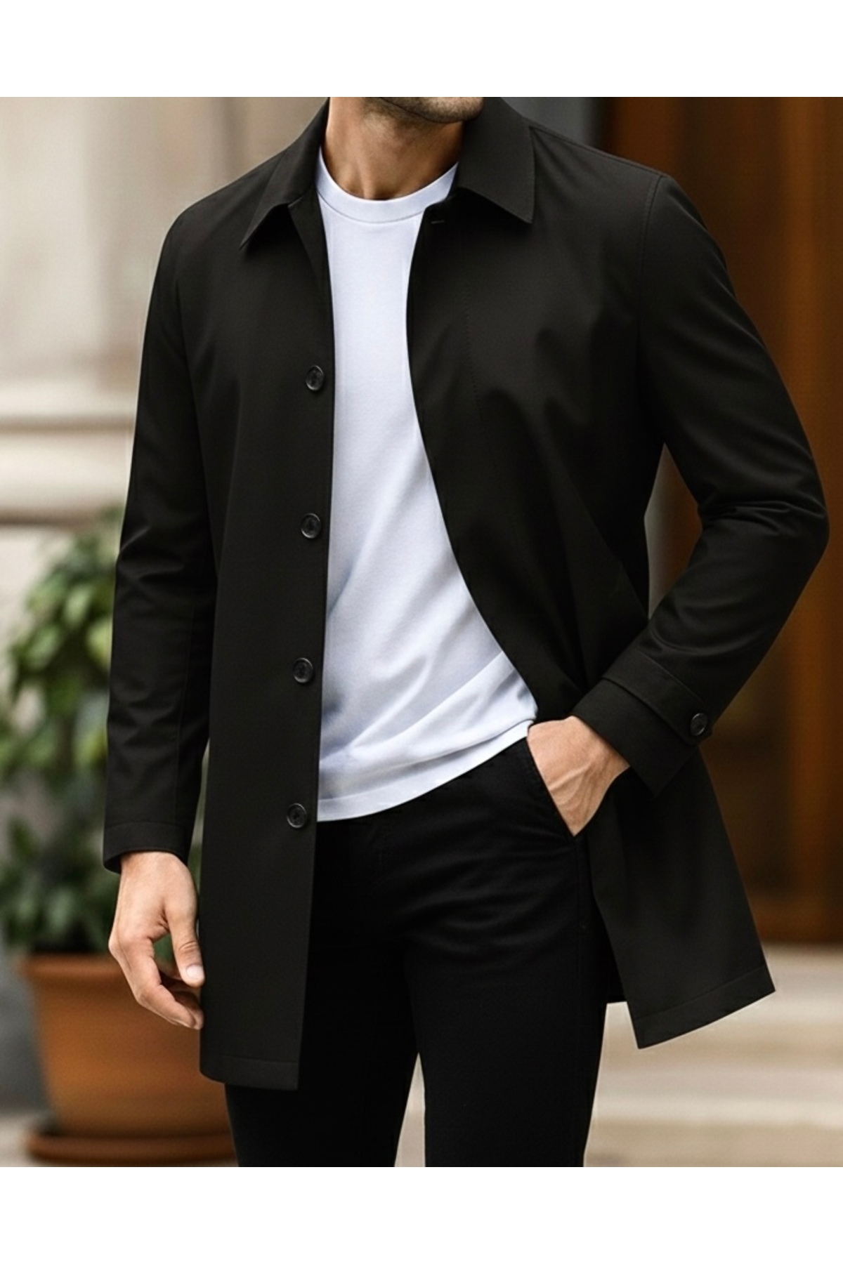 SAVARA Erkek Siyah Regular Fit Trençkot Su Iticili Orta Boy(90CM)