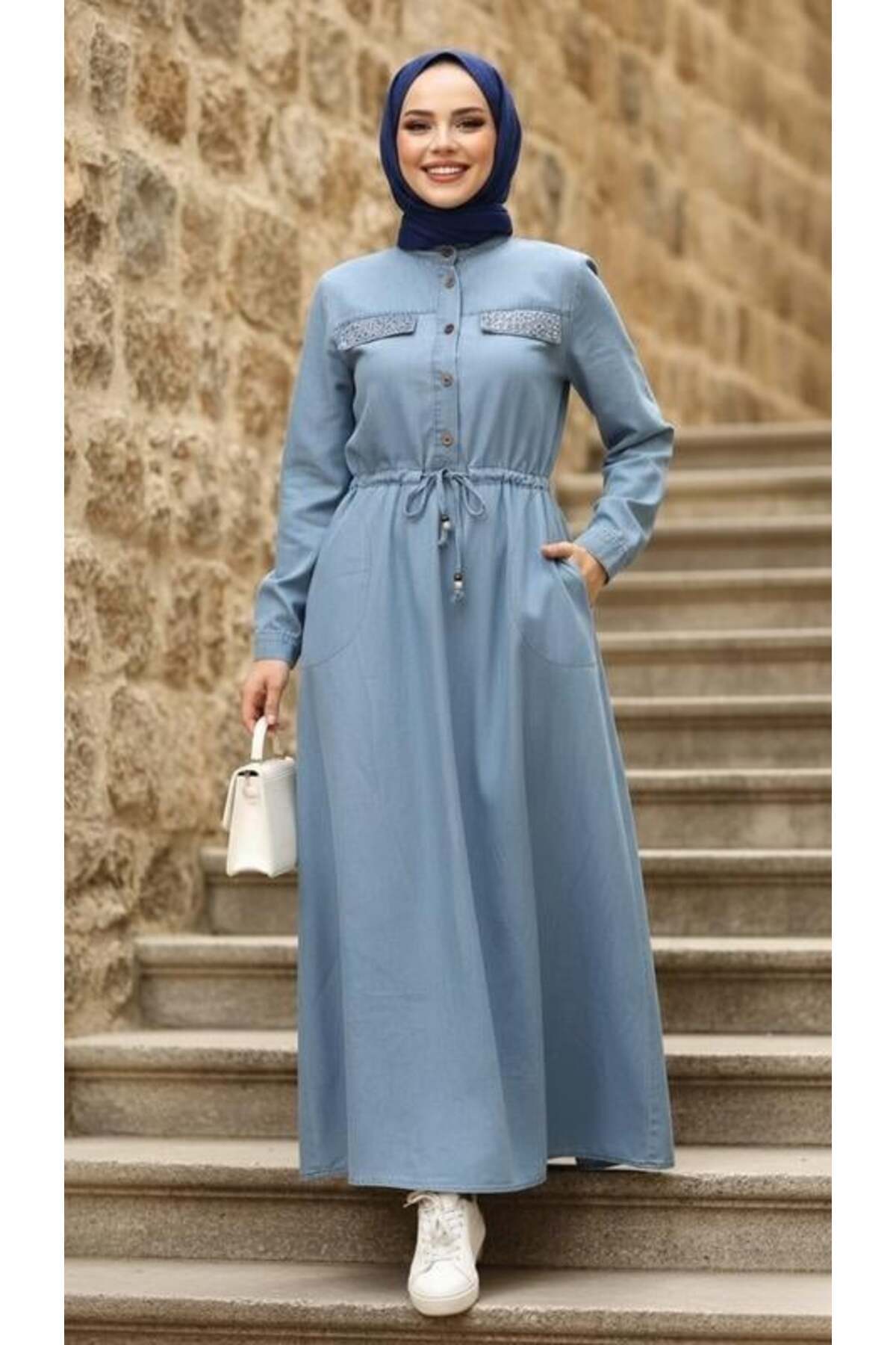 Hb Harma Time Butik  Kadın Taş İşlemeli Düğmeli Açık Mavi Kot Elbise - Görsel 5