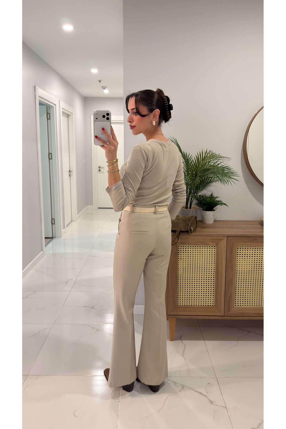 BİRCANÇİL  Terins Bej İspanyol Paça Pantolon - Görsel 4