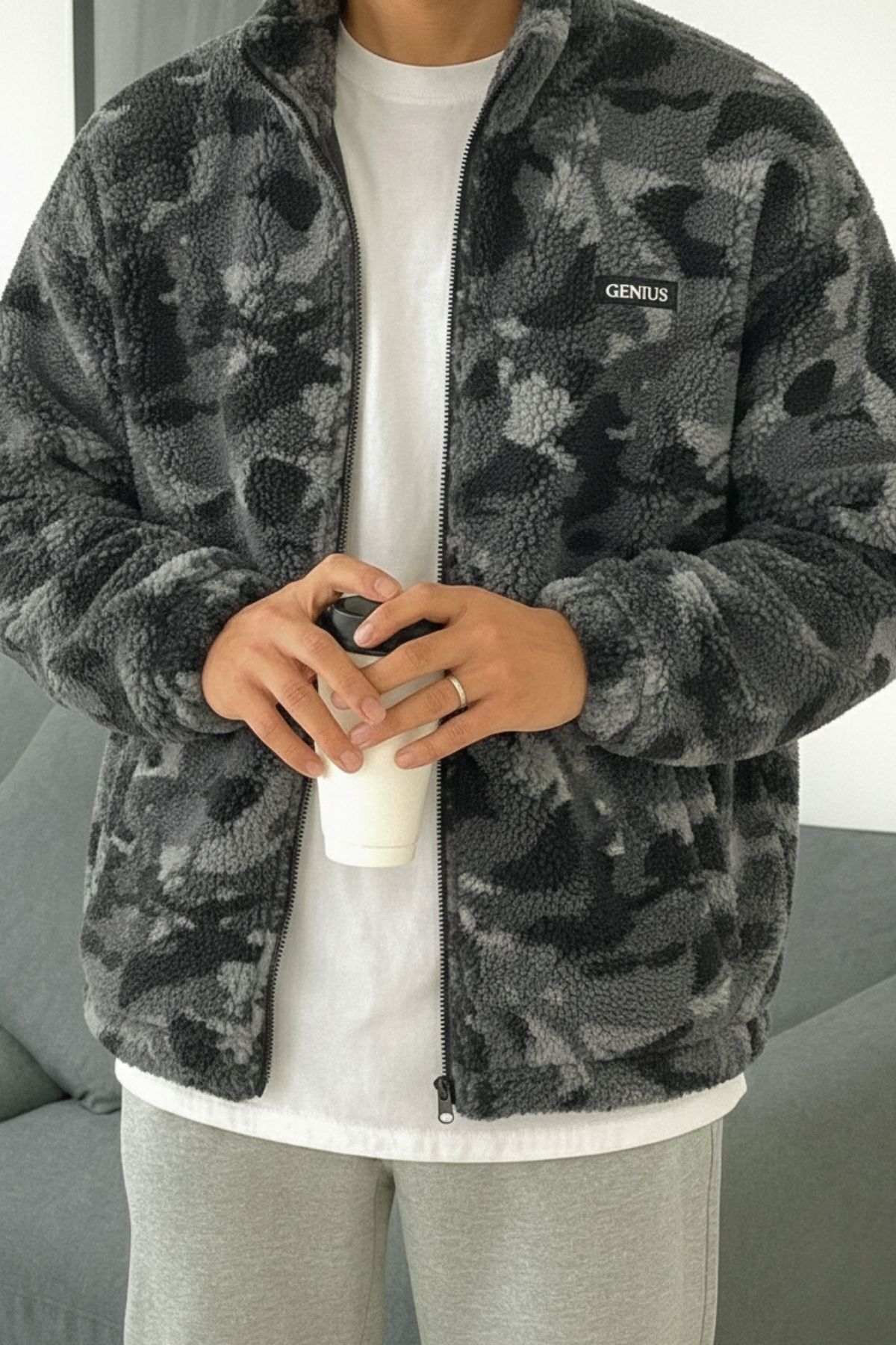 GENIUS STORE  Oversize Peluş Sweatshirt Desenli Erkek Polar Sweatshirt Erkek-Kadın Sweatshirt Oversıze-pelus