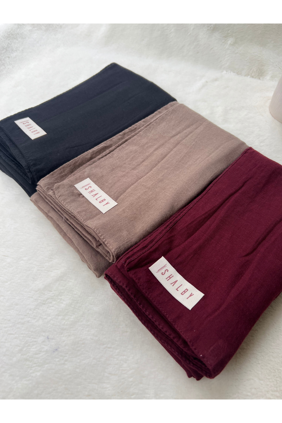 Hijab Plain Cotton Crash Shawl 3-Piece Set ( black-burgundy-earth)