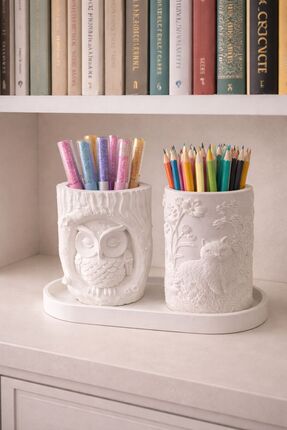 LİZA HOME DECORATION Baykuş & Kedi Kabartmalı Dekoratif Kalemlik – Makyaj Fır...