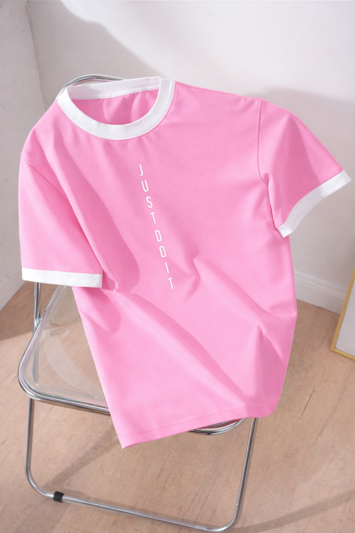 Revasser Unisex muška/ženska ružičasta majica sa belim kragnom JustDoIt prila...
