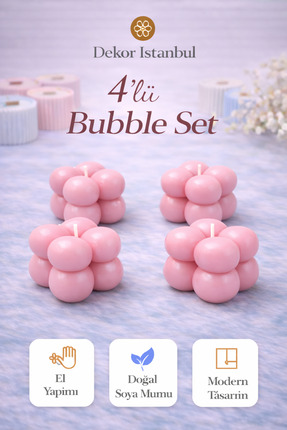 Dekor İstanbul Bubble Mum 4’lü Set Pembe | El Yapımı Doğal Soya Mumu | Dekora...