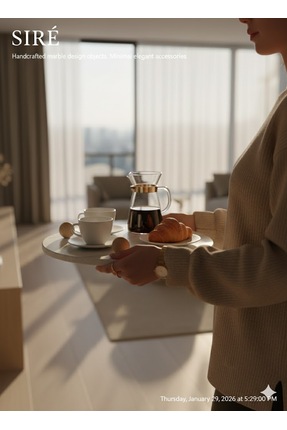 SIRÉ Studio Yuvarlak Mermer Sunum Tepsisi Ahşap Kulplu 30 cm- SIRÉ Soft Stone...