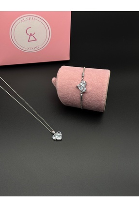 Alsem 925 Ayar Gümüş Kaplama Kalp Kesim Zirkon Taşlı Kolye ve Bileklik Seti ,...