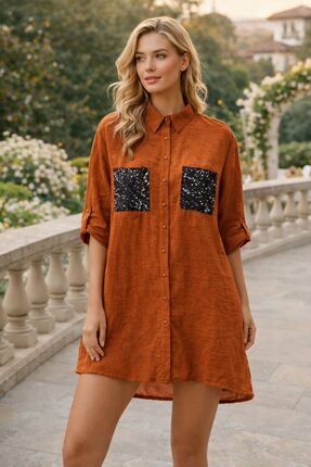 OZIVA KADIN TURUNCU CEPLİ SALAŞ GÖMLEK ELBİSE PAYET DETAYLI UZUN KOLLU DÜĞMEL...