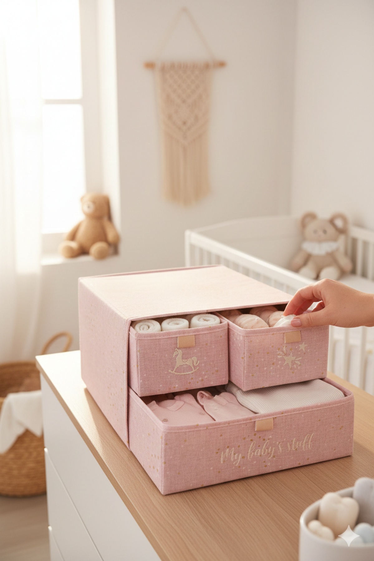 Ferzin Bebek Bakım Seti Pembe Desenli & Oda Düzenleyici 4'lü Set - Çekmeceli Organizer, Anne Bebek Çantası fotoğrafı 5 (önizleme)