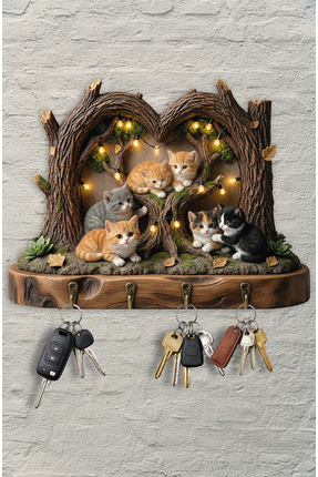 Time in a Tin 2D Ahşap Duvar Askısı Anahtarlık Retro Şirin Kediler Temalı Dek...