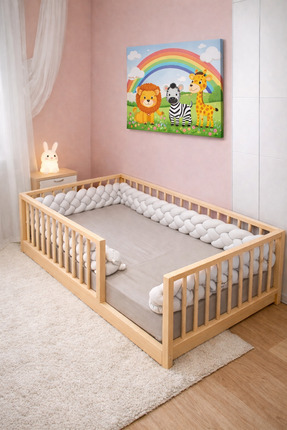 Handmade Montessori Ahşap Yer Yatağı – Korkuluklu Çocuk Karyolası