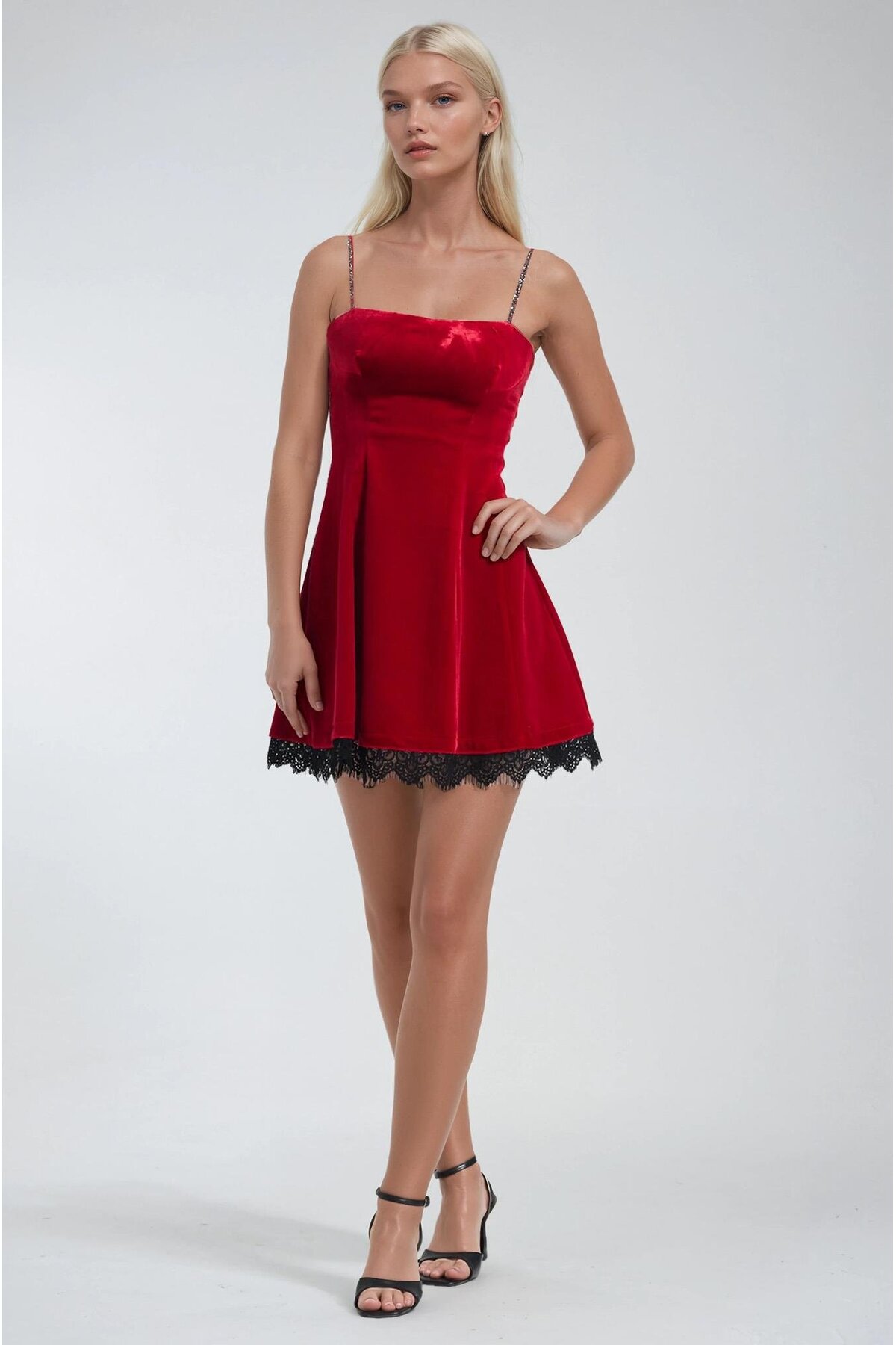 Lace Detailed Strappy Velvet Mini Dress 2016