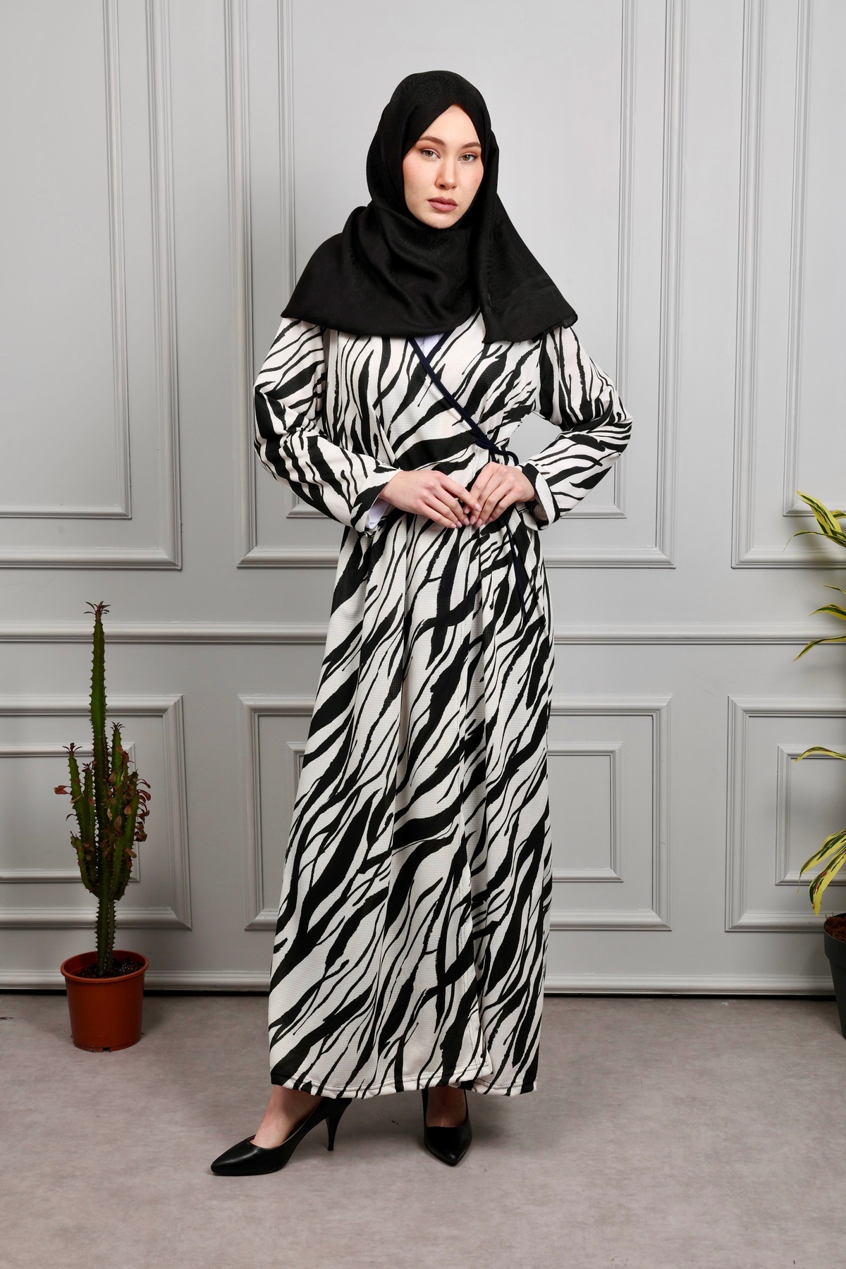 Defkay  Yandan bağlamalı pamuklu kumaş kruvaze kadın namaz elbisesi - Görsel 3