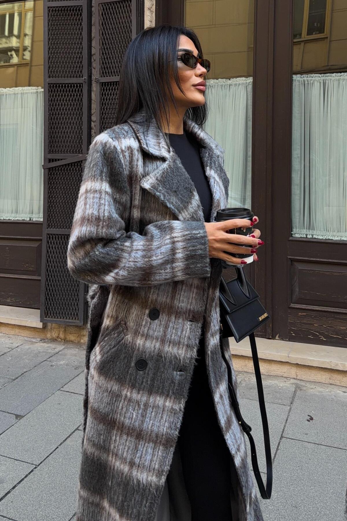 Lijuri  Ekose Desenli Kuşaklı Kaşe Kaban 7134 - Görsel 7