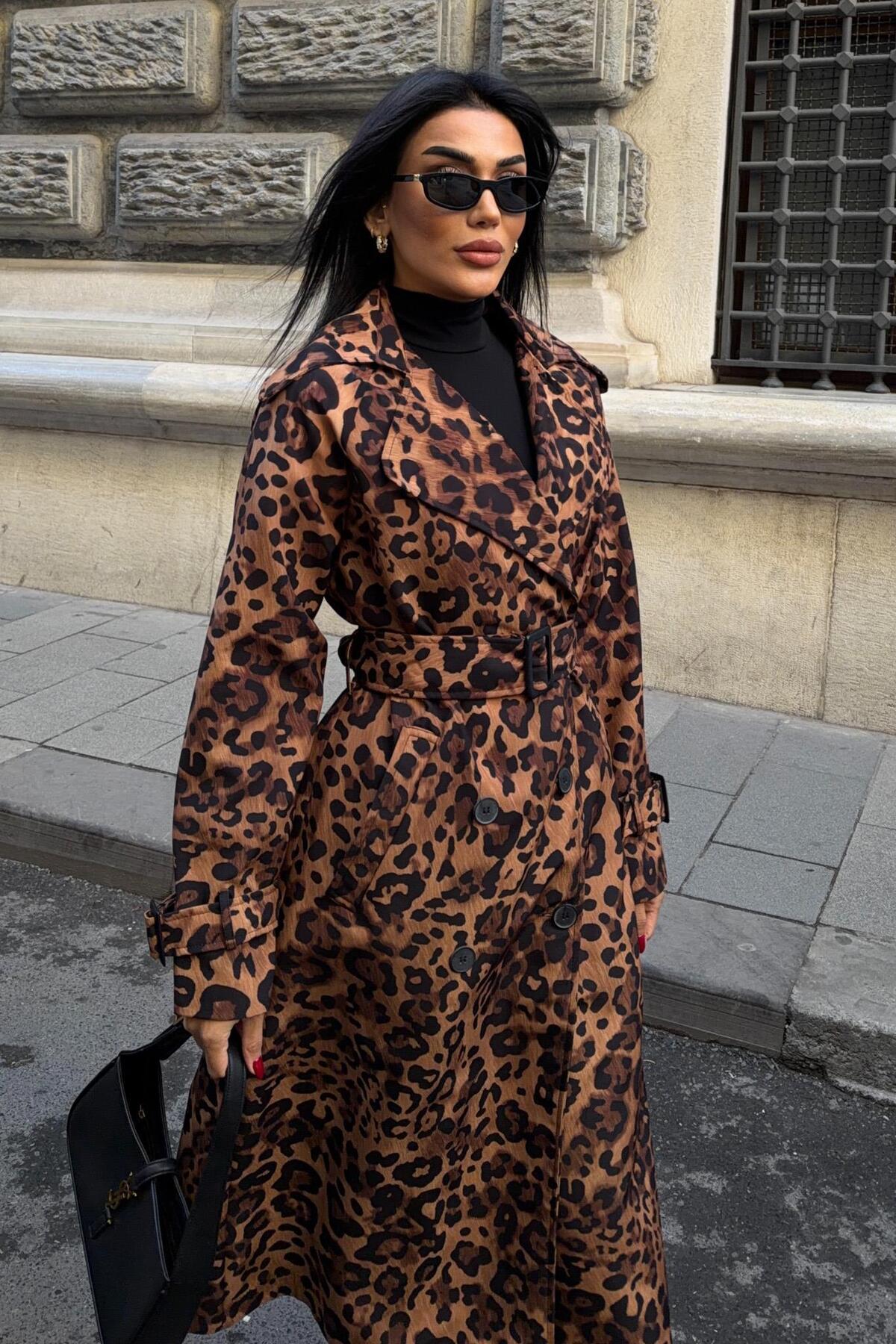 Lijuri  Leopar Desenli Kuşaklı Trenç 7137 - Görsel 6