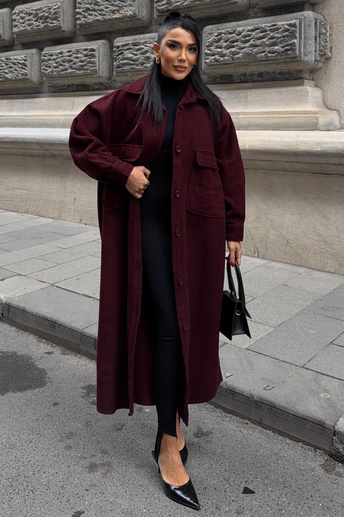 Lijuri  Oversize Cepli Düğmeli Uzun Kaşe Kaban 7131 - Görsel 7