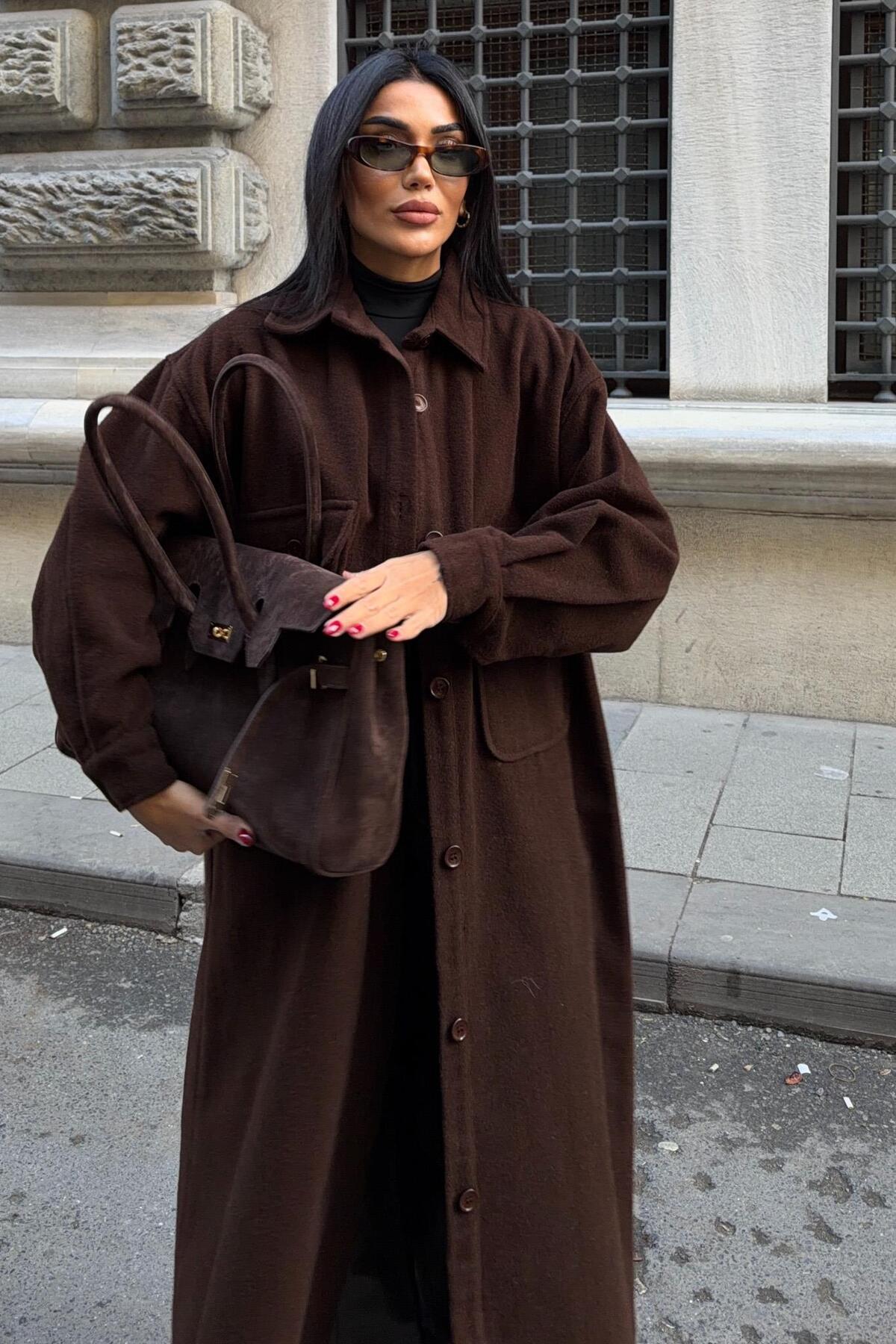 Lijuri  Oversize Cepli Düğmeli Uzun Kaşe Gömlek 7131 - Görsel 7