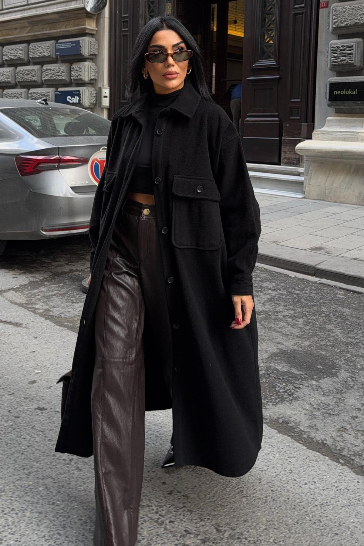 Lijuri  Oversize Cepli Düğmeli Uzun Kaşe Kaban 7131 - Görsel 6