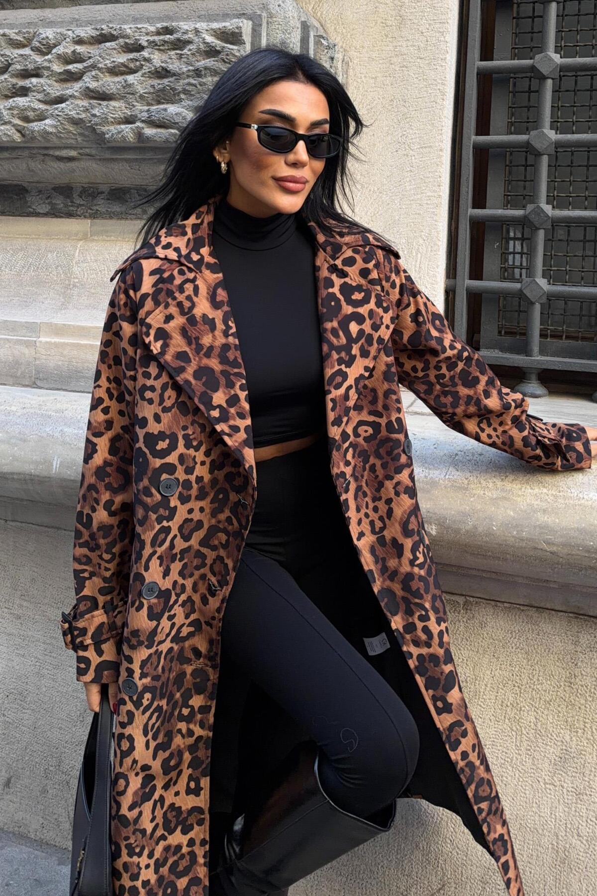 Lijuri  Leopar Desenli Kuşaklı Trenç 7137 - Görsel 3