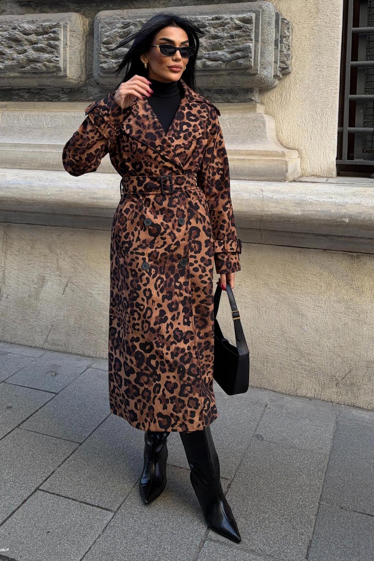 Lijuri  Leopar Desenli Kuşaklı Trenç 7137