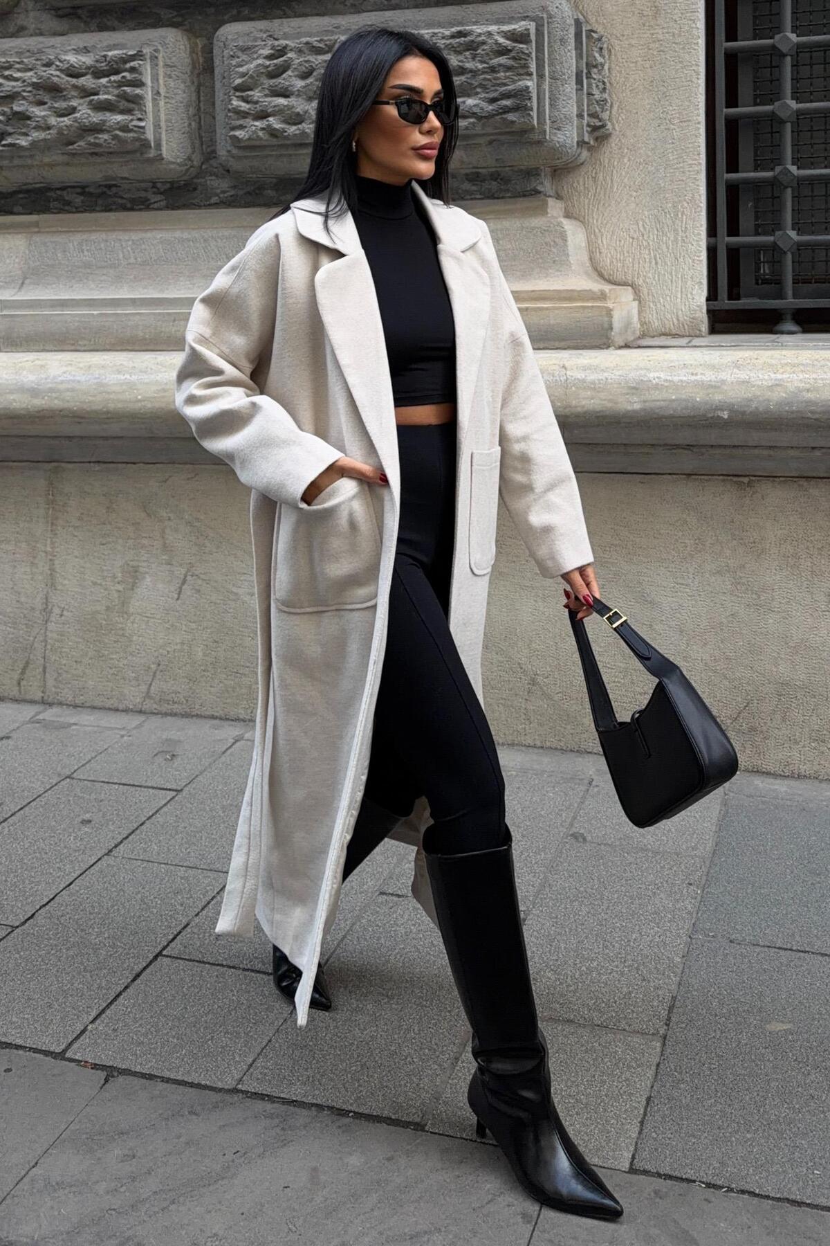 Lijuri  Kuşak Kapamalı Kaşe Kaban 7136 - Görsel 5