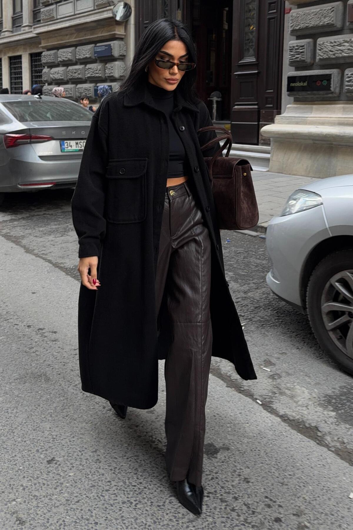 Lijuri  Oversize Cepli Düğmeli Uzun Kaşe Kaban 7131 - Görsel 5