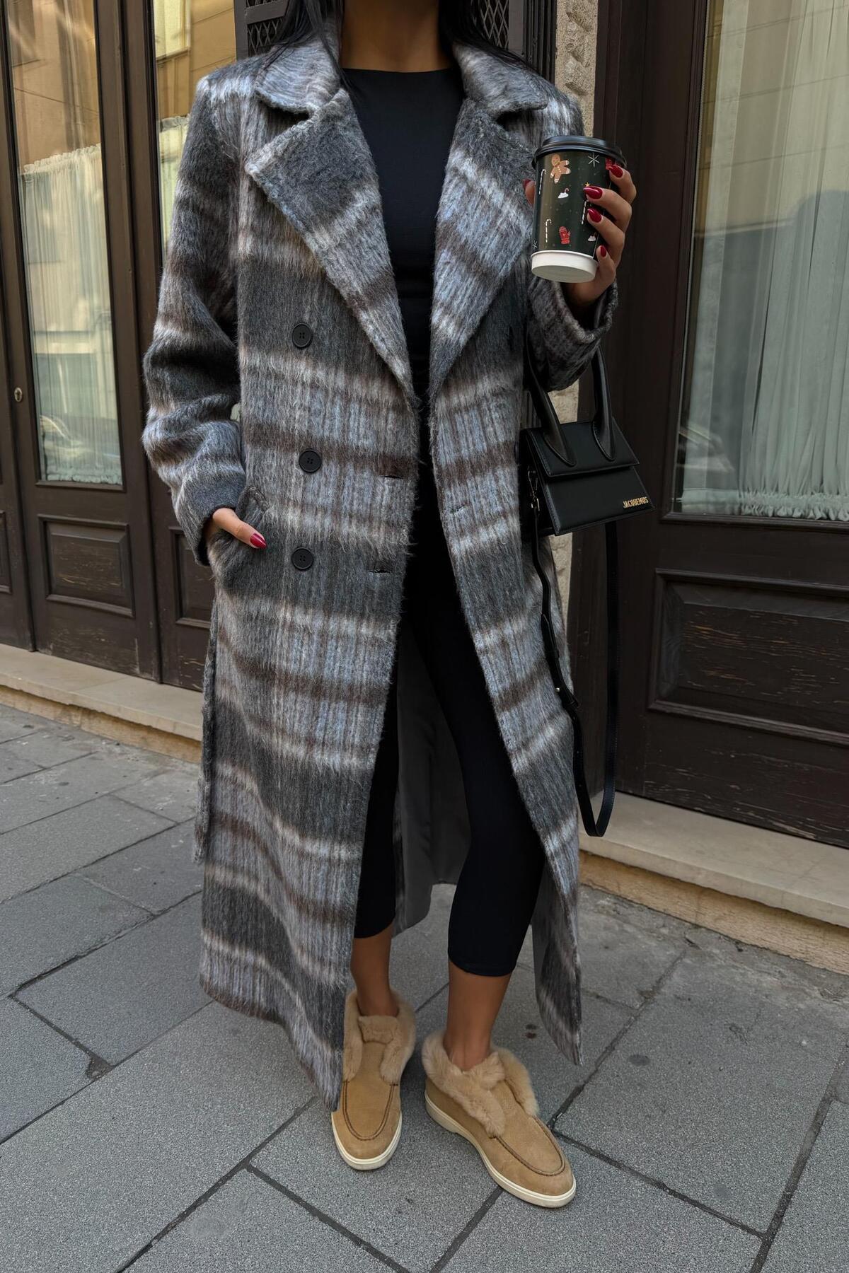 Lijuri  Ekose Desenli Kuşaklı Kaşe Kaban 7134 - Görsel 4