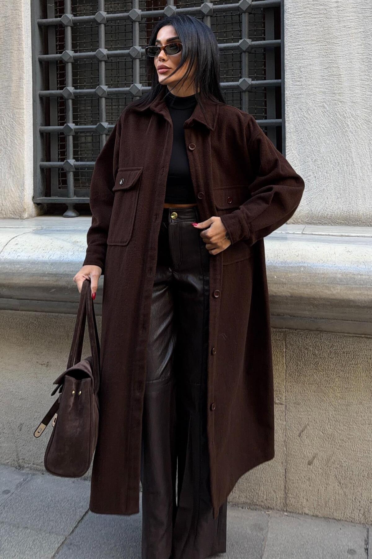 Lijuri  Oversize Cepli Düğmeli Uzun Kaşe Gömlek 7131 - Görsel 6