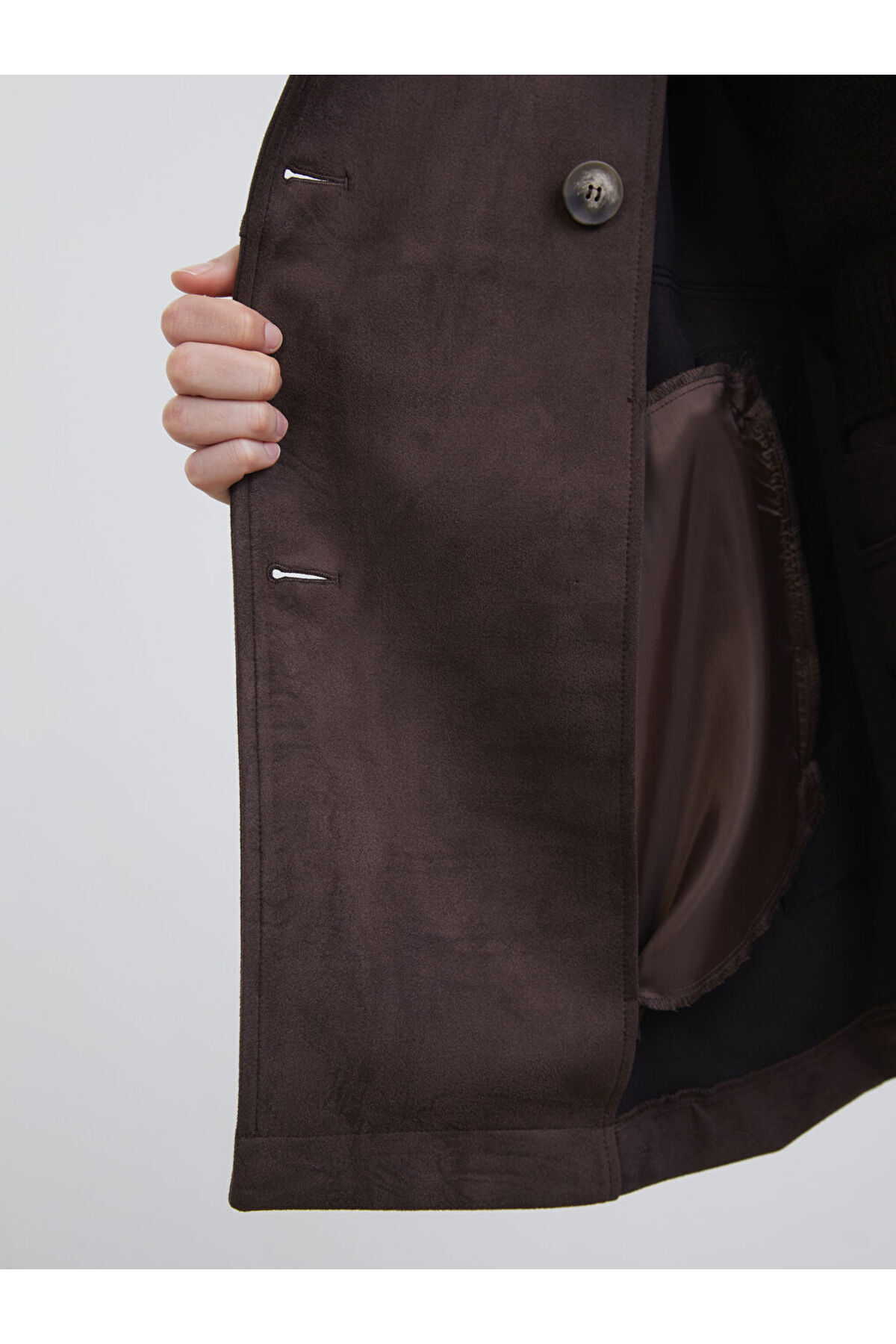 LC Waikiki  GiyÇık Store Kahverengi Kruvaze Yaka Süet Görünümlü Kadın Trençkot - Görsel 5