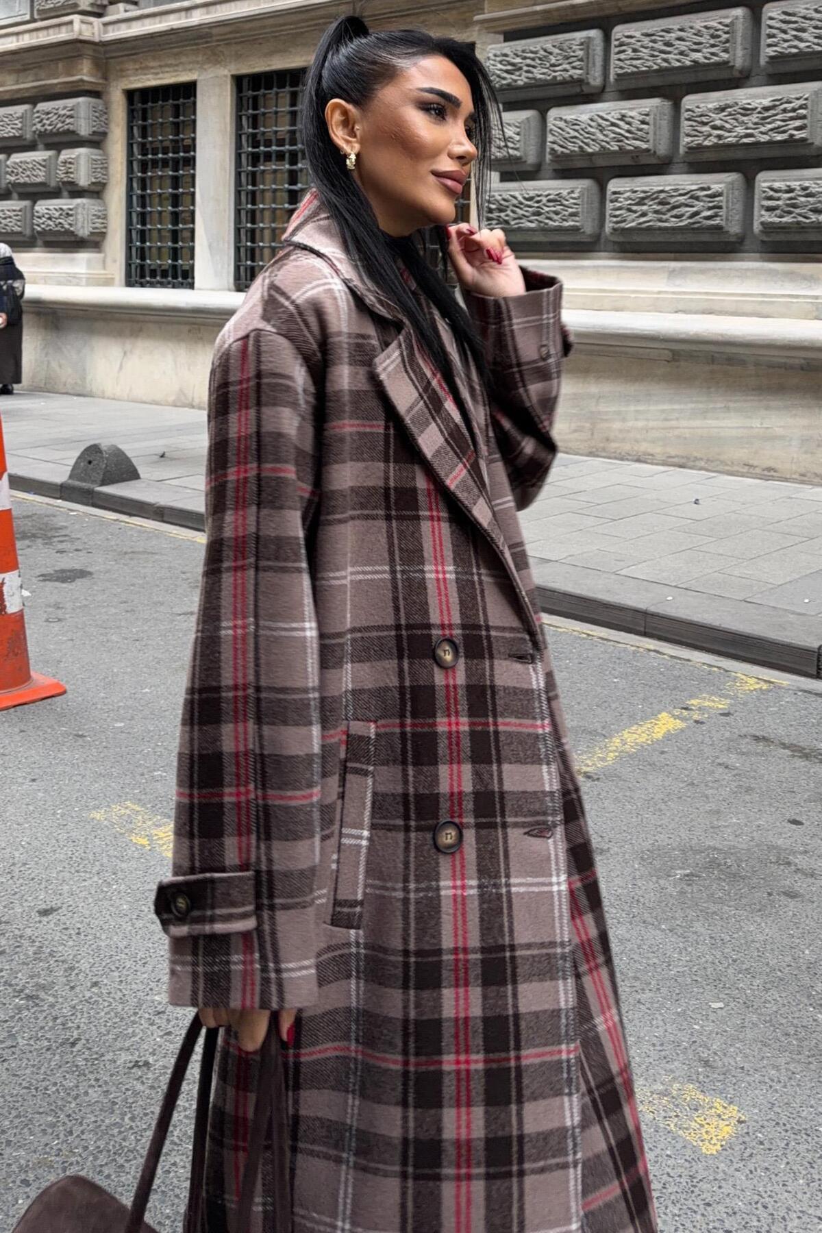 Lijuri  Çift Düğme Kapamalı Ekose Desenli Kaşe Kaban 7141 - Görsel 6