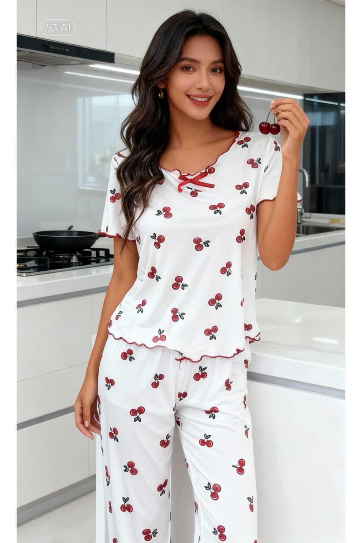 Kadın Kiraz Desenli Rahat KADIN Pijama Takımı Mevsimlik Saten Görünüm 3