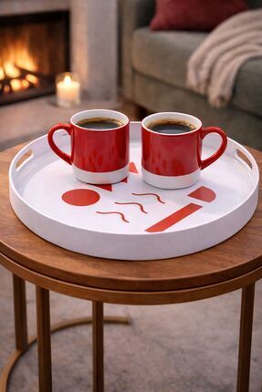 splash 35 CM Yuvarlak Desenli Tepsi Sunum Tepsisi Çay Tepsisi Kahve Tepsi Dek...