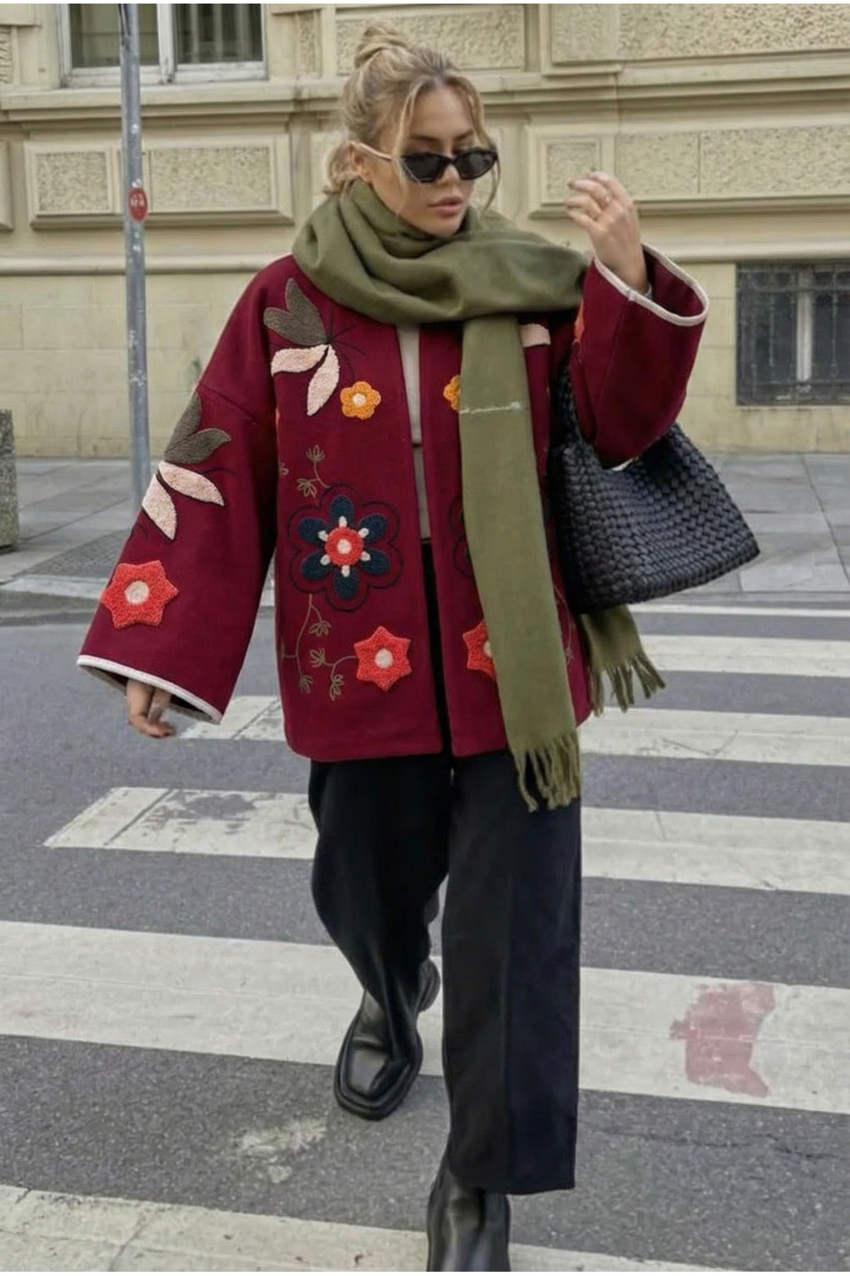 FEMELLE  Bordo Nakış İşlemeli Vintage Kaşe Ceket - Görsel 5