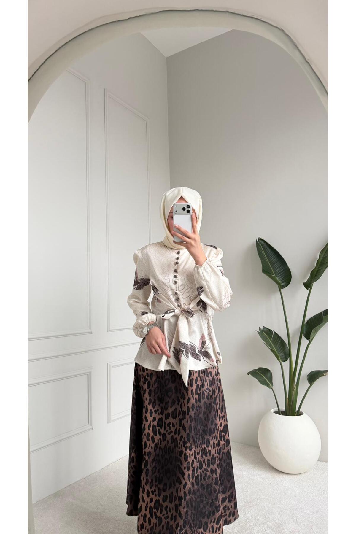 MİREL BUTİK VIRAL Satin Patterned Two-Piece Blouse Skirt Set