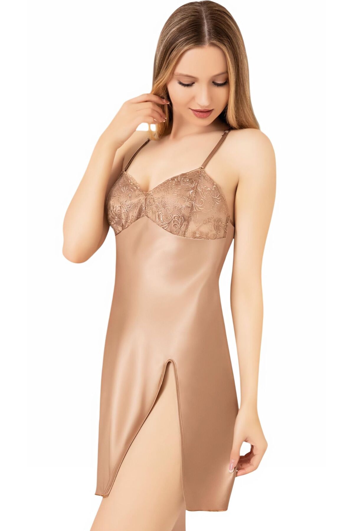 Miss Laris Lingerie Dantel Detaylı İnce Ayar Askılı Kadın Vizon Gecelik MLRS-2079