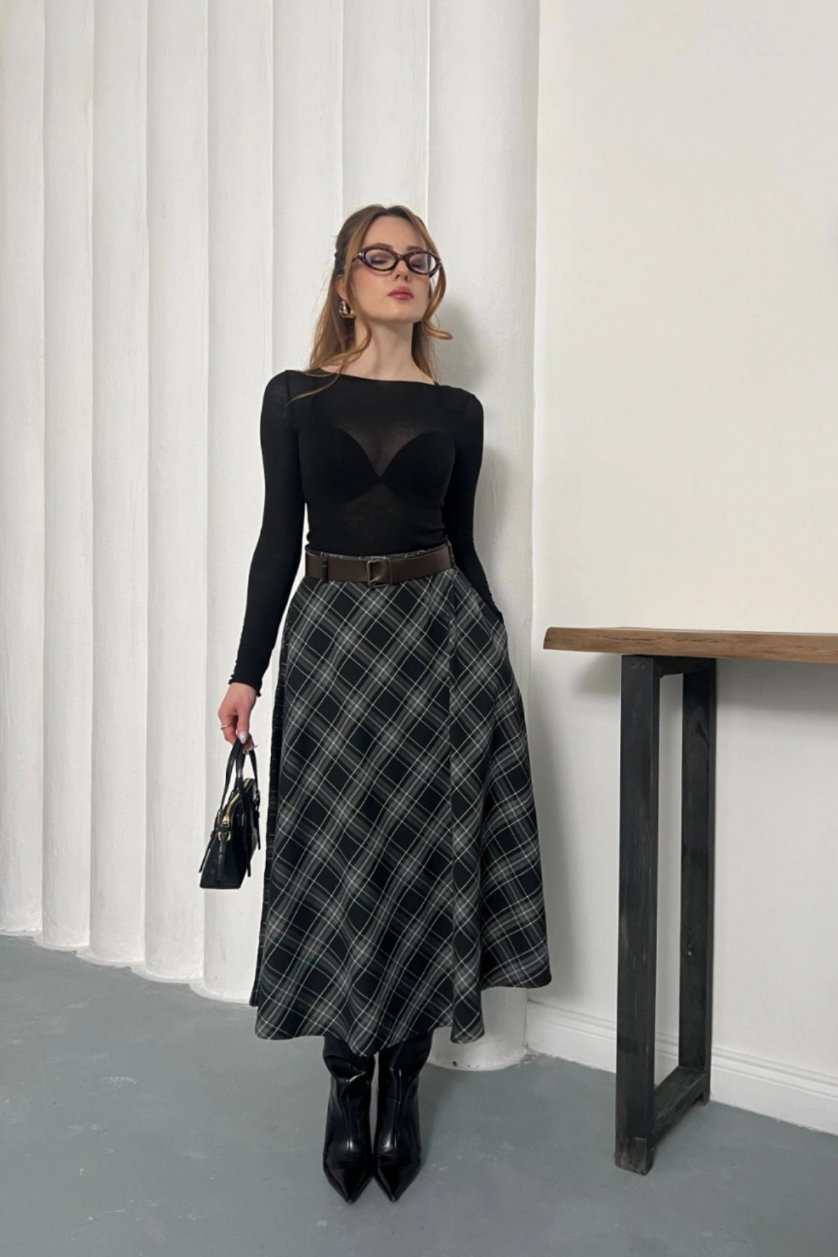 MOZENA  Kemer Detaylı Ekose Desenli Uzun Etek - Görsel 3