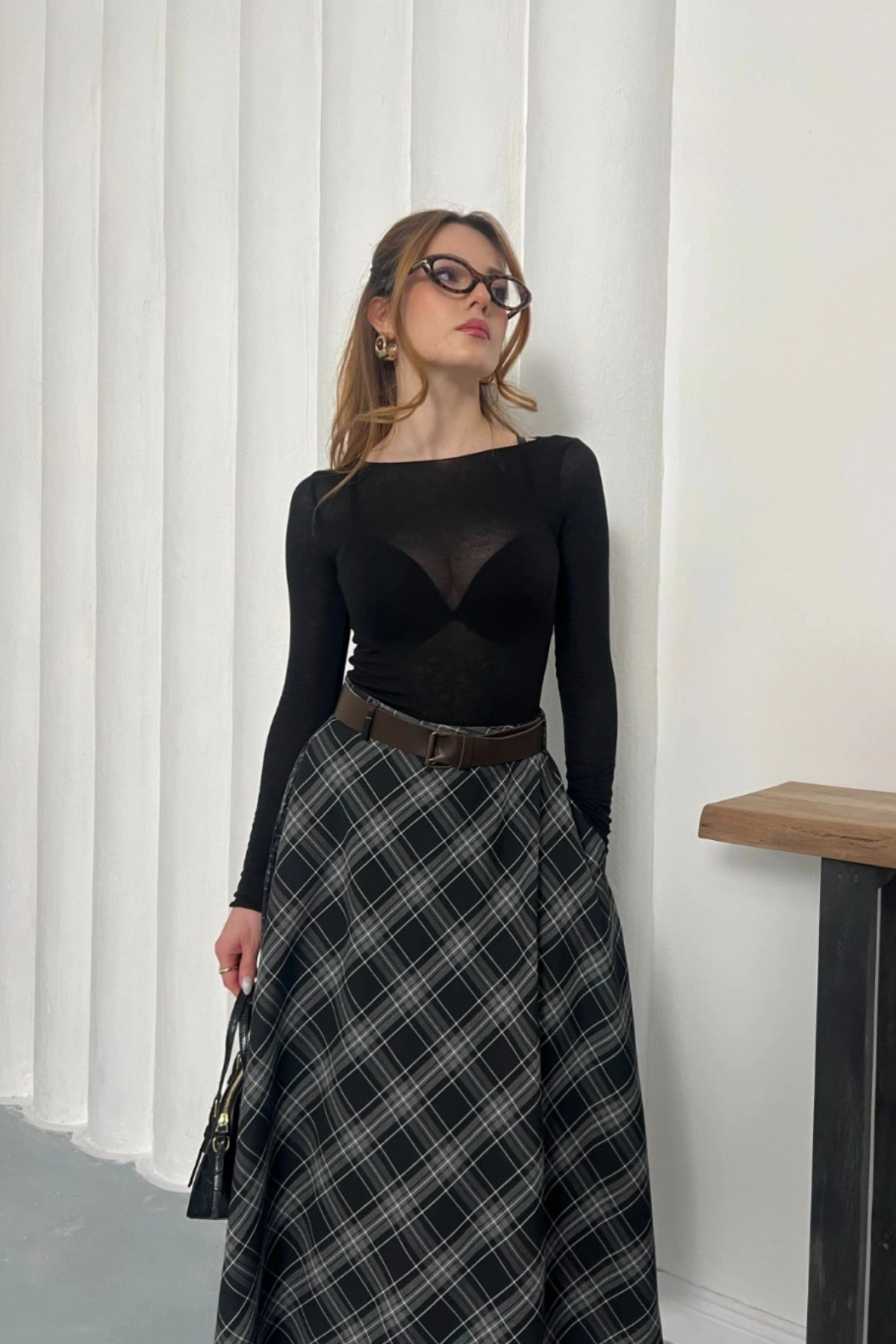 MOZENA  Kemer Detaylı Ekose Desenli Uzun Etek - Görsel 2