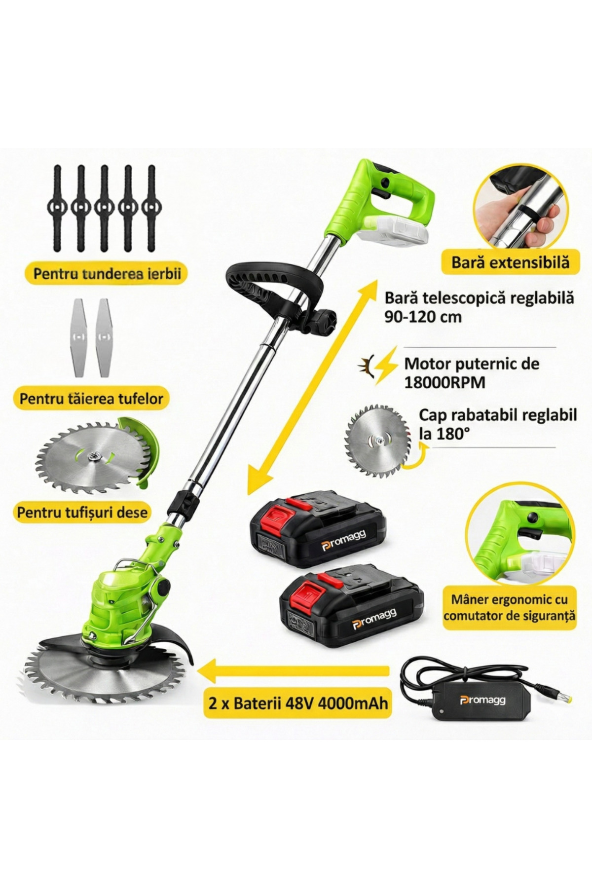 Promagg Motocoasă electrică, 18.000 RPM, 2 acumulatori 48V 4000 mAh, set comp...