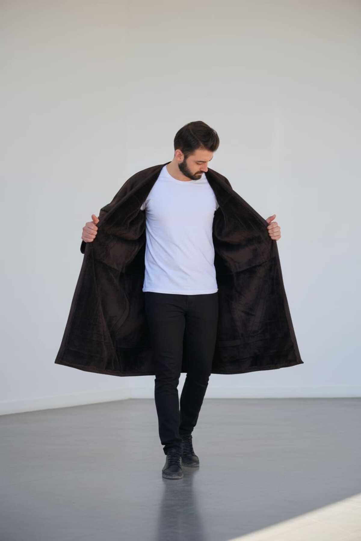 bilqasmi  Erkek Uzun Klasik Kürk Palto Görünümlü Kışlık Dış Giyim Unisex - Görsel 6