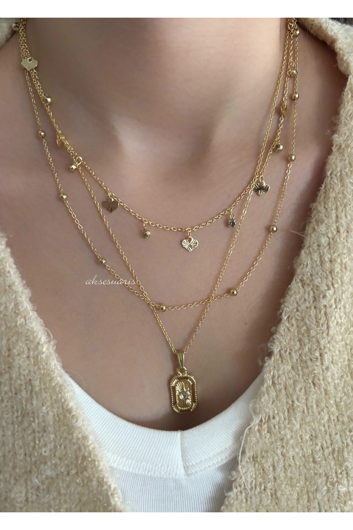 aksesuaris  3'lü Gold Zincir Kalp Ve Zirkon Taş Detay Kadın Kolye - Görsel 3